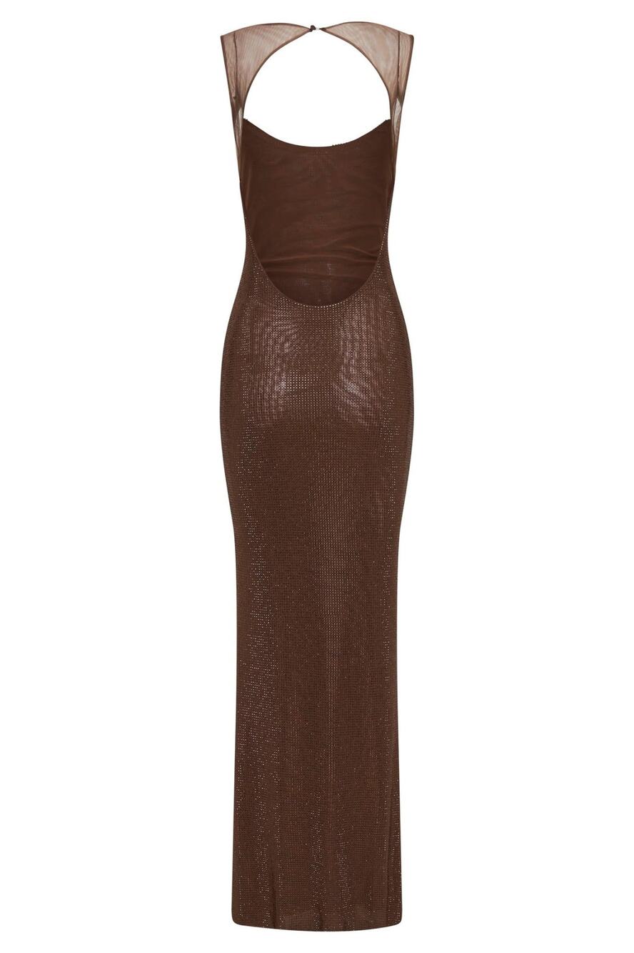 Meshki Jasmyn Hot Fix Maxi Dress With Mesh Back in Chocolate - S